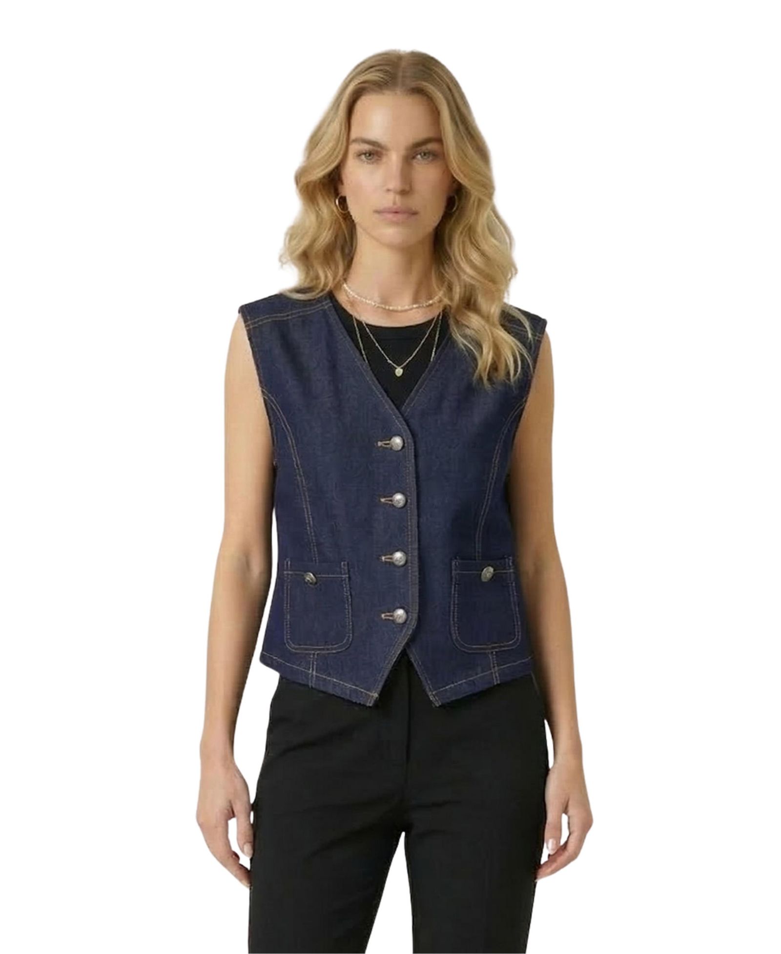 Modenaire Women's Denim Button-Front Patch Pocket Vest