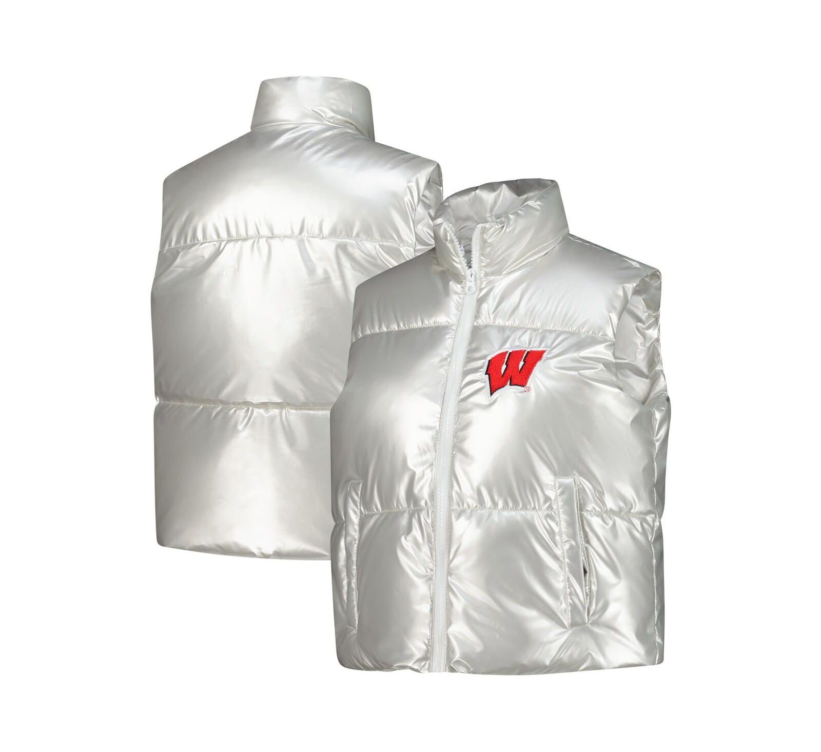 ZooZatz Women's Silver Wisconsin Badgers Metallic Cropped Full-Zip Sleeveless Puffer Vest