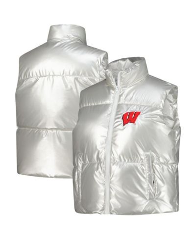 ZooZatz Women's Silver Wisconsin Badgers Metallic Cropped Full-Zip Sleeveless Puffer Vest