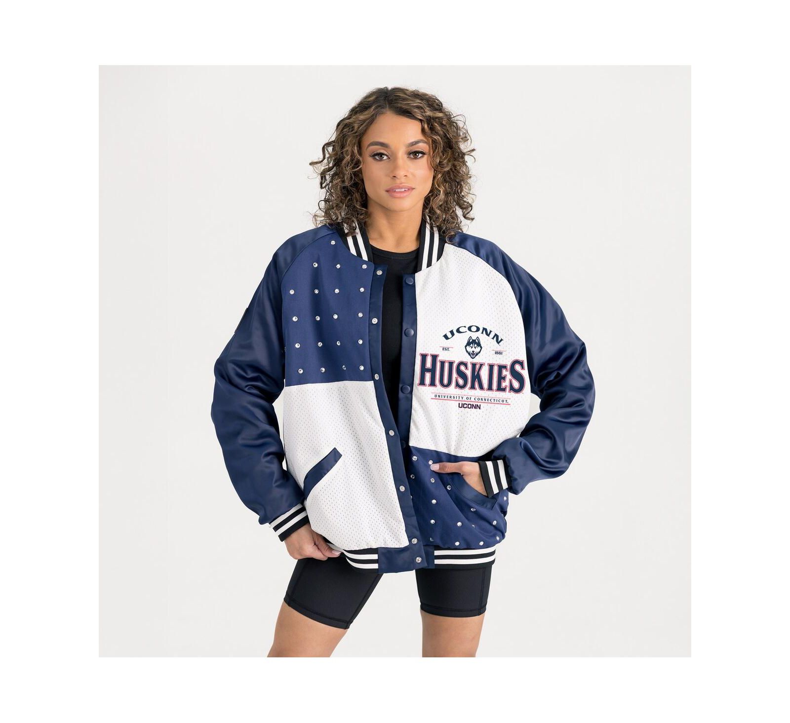 Gameday Couture Women's Navy UConn Huskies Oversized Inner Drive Varsity Rhinestone Full-Snap Bomber Jacket