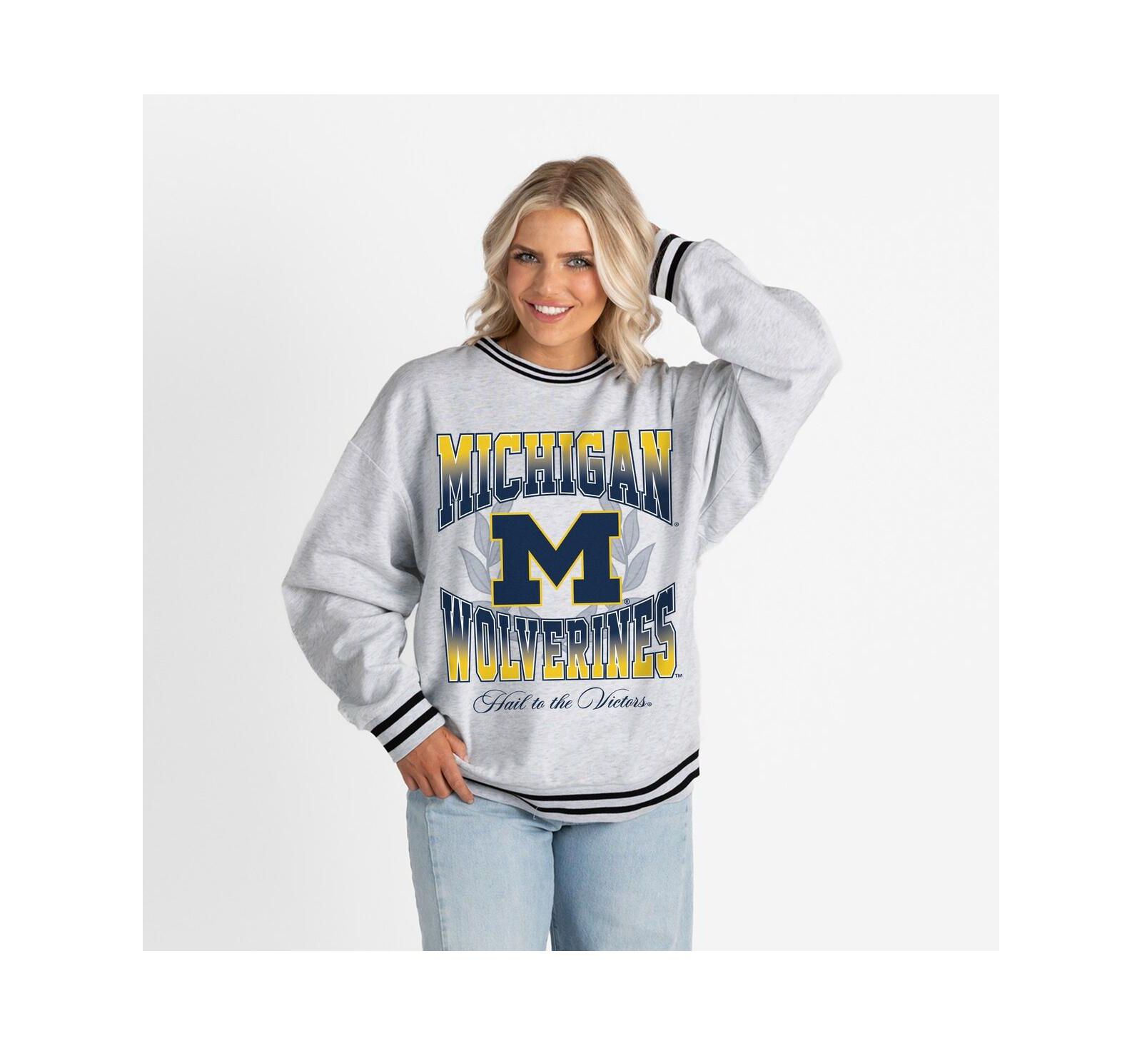 Gameday Couture Women's Ash Michigan Wolverines Oversized Fade Route Ringer Stripe Sweatshirt