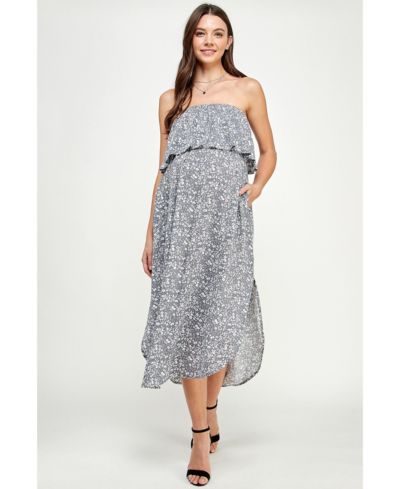 Hello Miz Women's Floral Strapless Ruffle Overlay Midi Dress with Side Slit