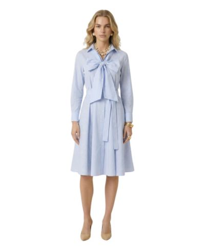 Modenaire Women's Striped Tie-Neck Bow Shirt Dress