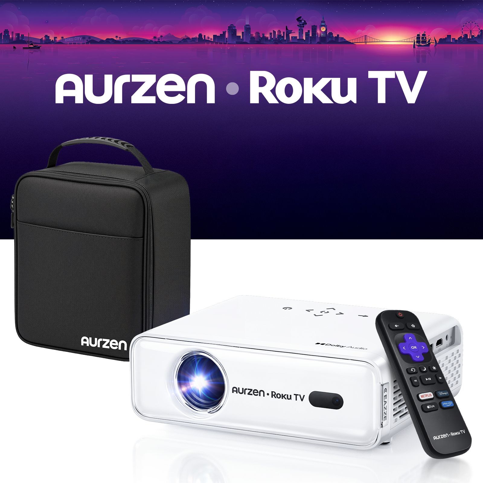 Aurzen EAZZE D1R 1080p FHD Portable Roku Built-In Projector