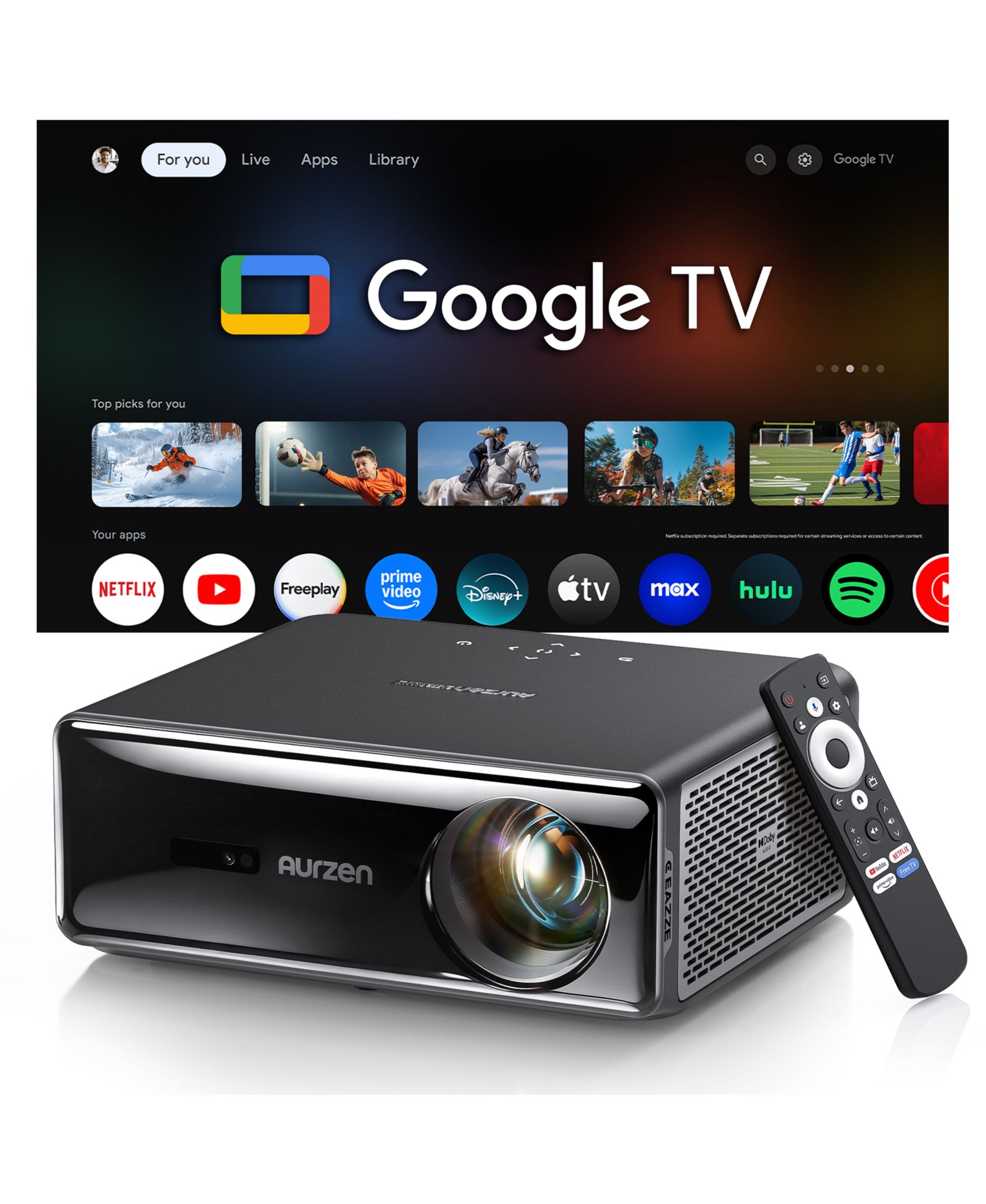 Aurzen портативный домашний проектор с Google TV, 4K Support, 20W Dolby Audio