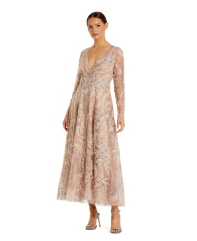 Mac Duggal Women's Floral Embroidered V-Neck Long Sleeve Midi Dress