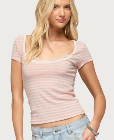 Edikted Women's Layered Lacey Striped T Shirt