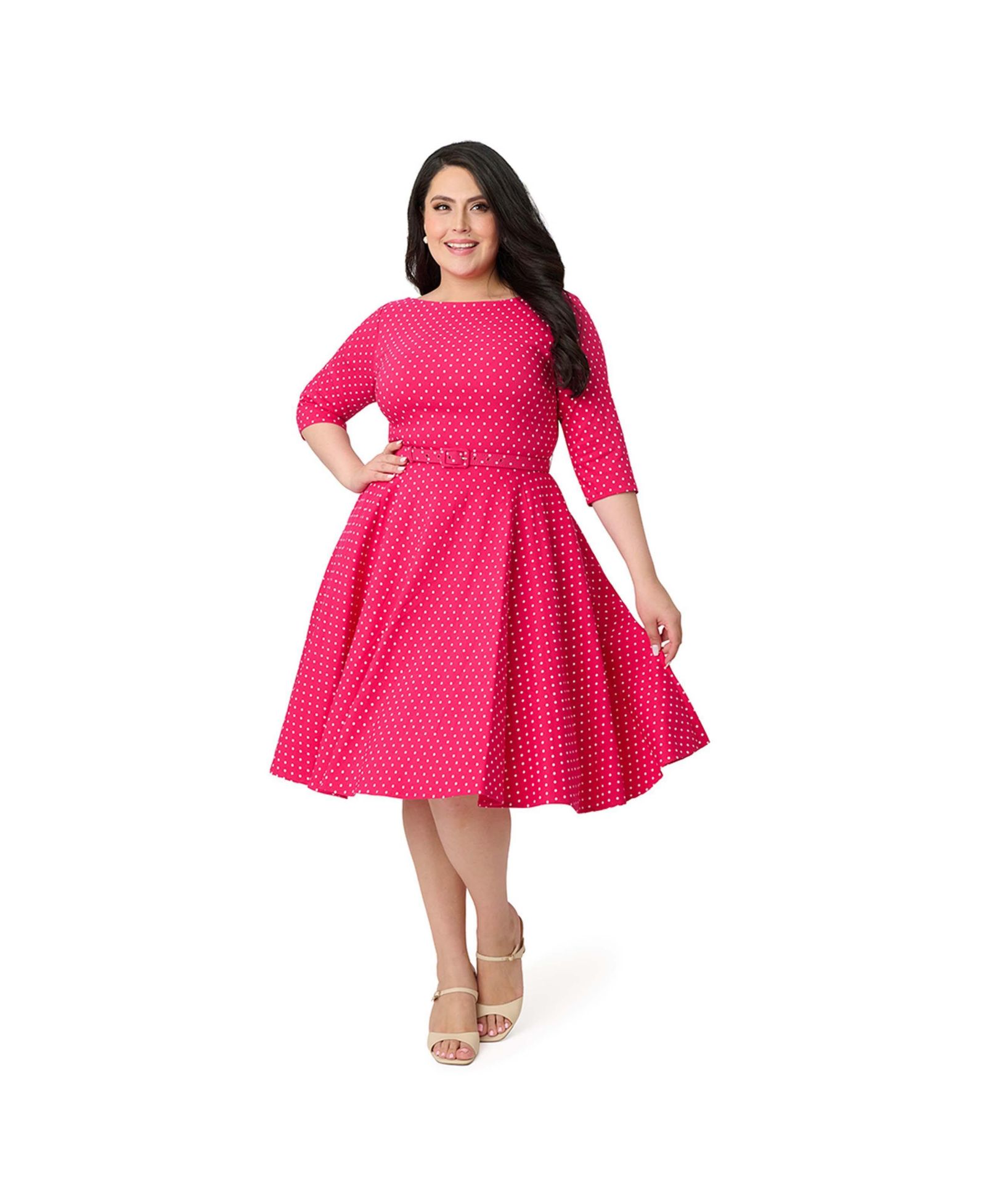Unique Vintage Plus Size Three Quarter Sleeve Belted Devon Swing Dress