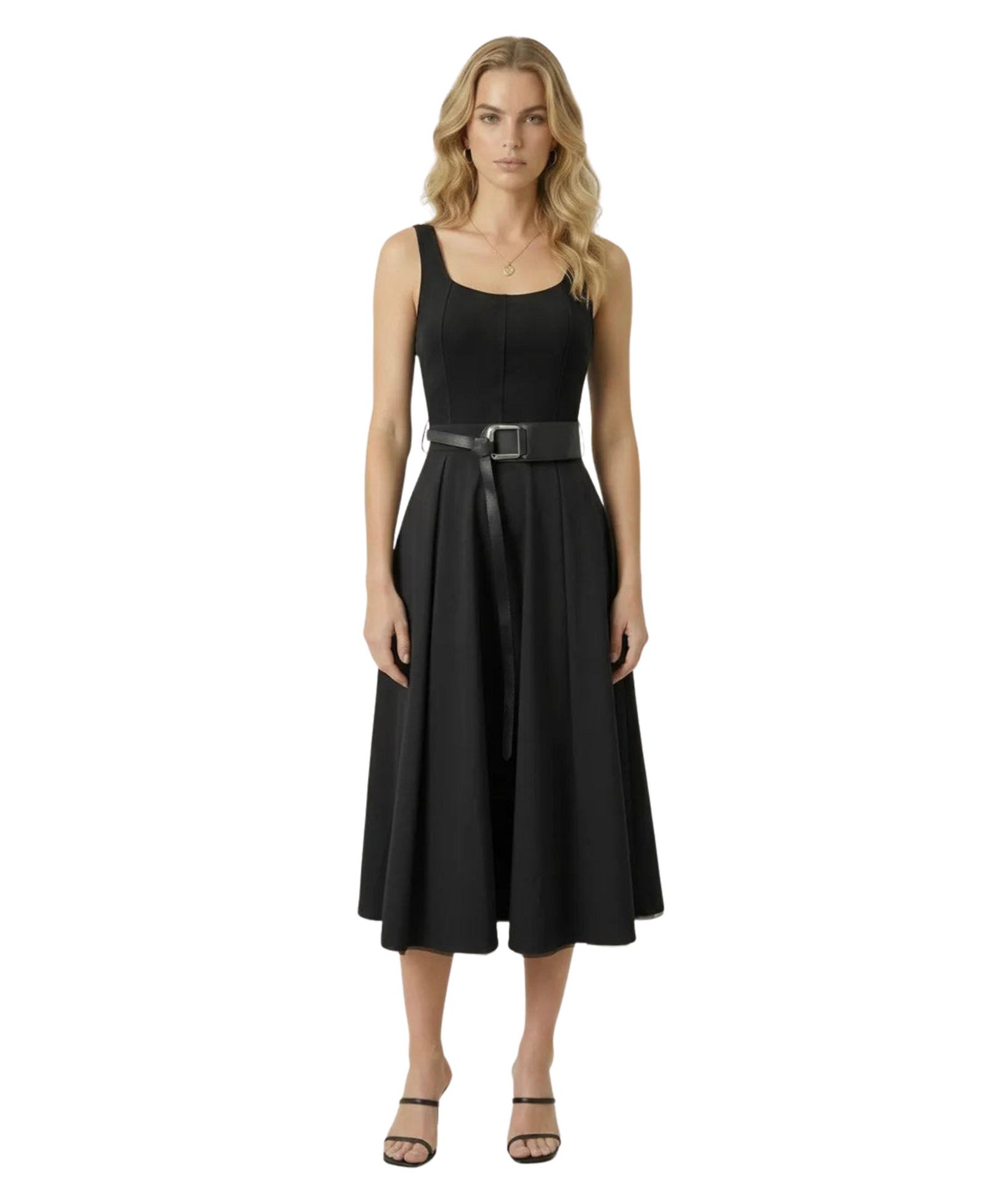 Modenaire Women's Belted Scoop-Neck Structured Bodice Midi Dress