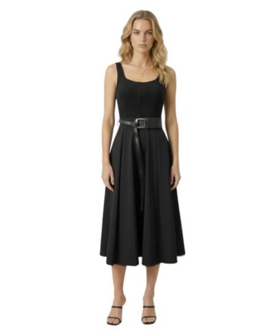 Modenaire Women's Belted Scoop-Neck Structured Bodice Midi Dress