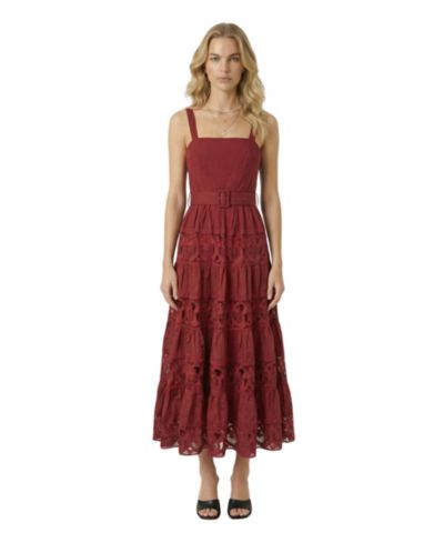 Modenaire Women's Belted Tiered Lace Square-Neck Midi Dress