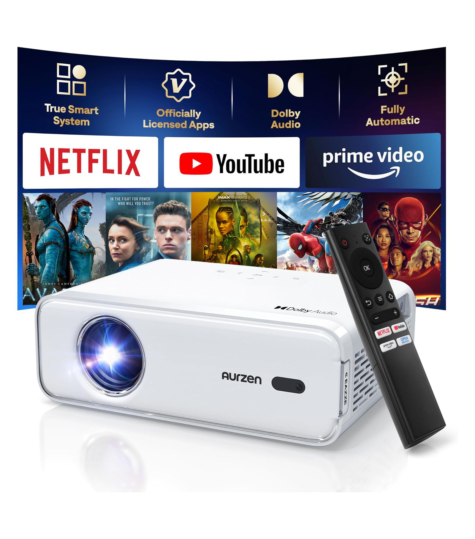 Aurzen Portable Mini Projector with Google TV, Native 1080p, 4K Supported, Auto Focus and Keystone, 16W Dolby Atmos, для домашнего кинотеатра и использования на открытом воздухе