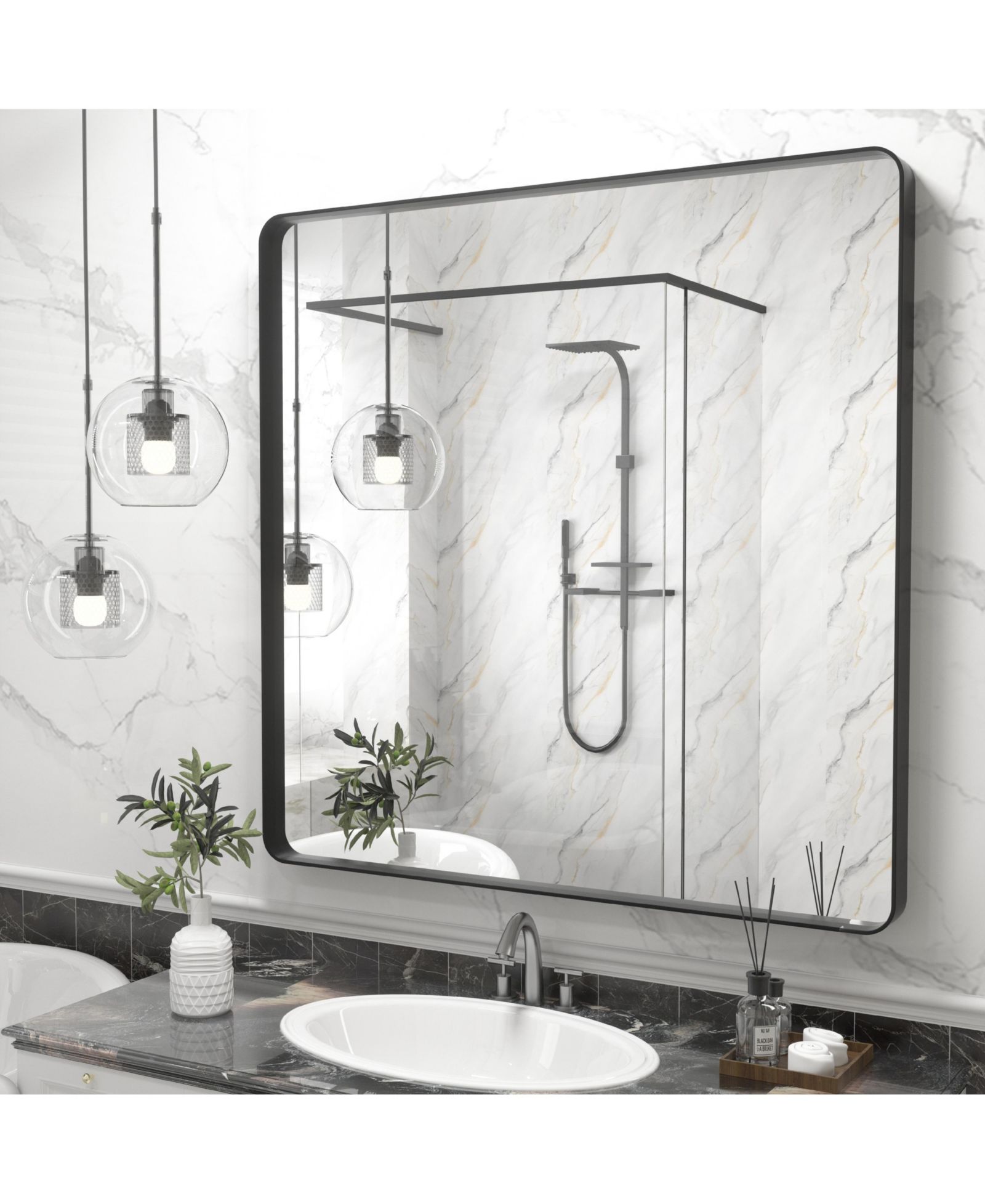 Зеркало для ванной Apmir 36" x 36" High-Strength Tempered Glass и алюминиевая рама, Matte Black