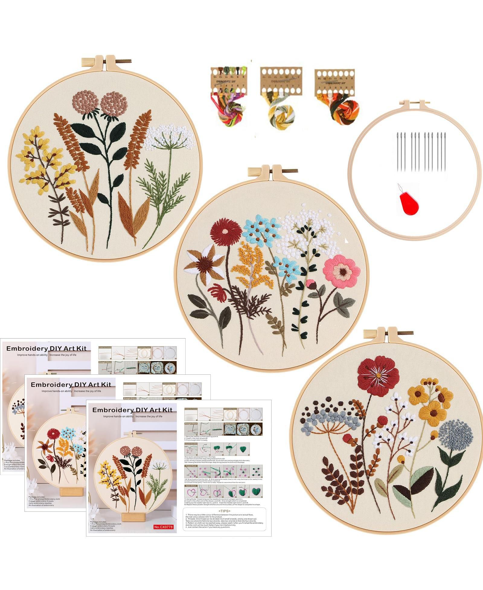 GNUADZ 3 Sets Embroidery Kit Beginners Hoop Flower DIY Craft