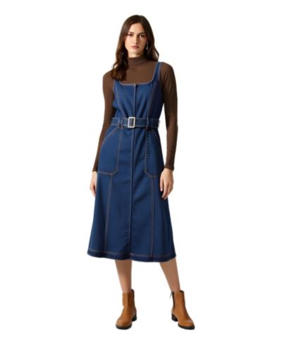 Modenaire Women's Square-Neck Zip-Front Denim Midi Dress with Belt