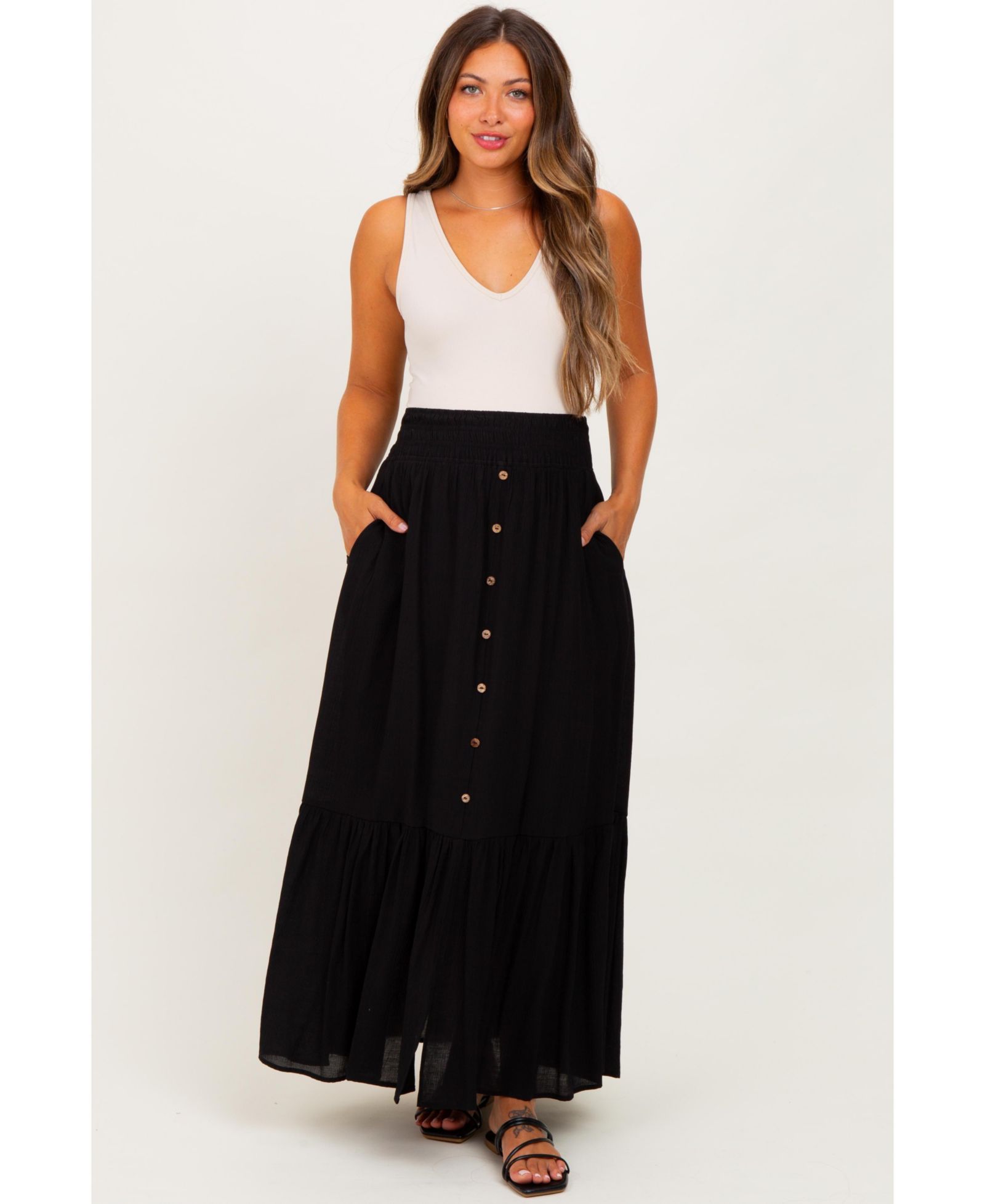 Pinkblush Women's Black Smocked Waist Button Accent Maxi Skirt