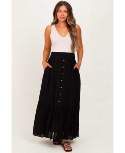 Pinkblush Women's Black Smocked Waist Button Accent Maxi Skirt