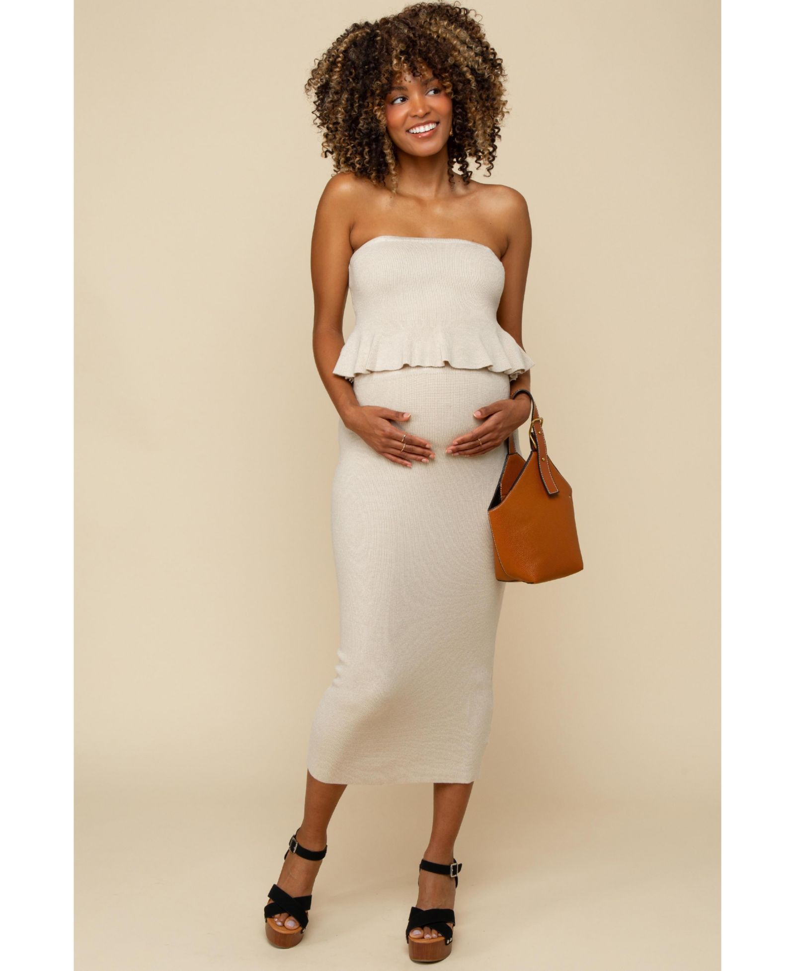 Женский комплект Pinkblush Cream Strapless Ribbed Knit Peplum Top Midi Skirt