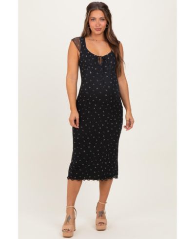 Pinkblush Women's Black Floral Mesh Front Tie Cutout Midi Dress