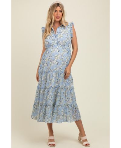 Pinkblush Women's Blue Floral Print Frilled Pocketed Midi Dress