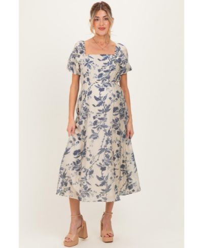 Pinkblush Women's Navy Blue Floral Square Neck Puff Sleeve Midi Dress