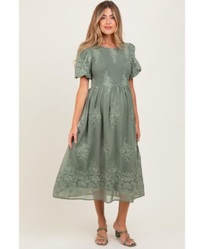Pinkblush Women's Light Olive Floral Lace Smocked Midi Dress