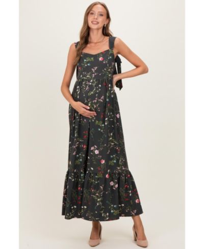 Pinkblush Women's Forest Green Floral Bow Strap Maxi Dress