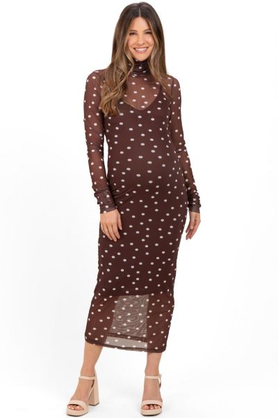 Pinkblush Women's Mocha Polka Dot Mesh Overlay Midi Dress