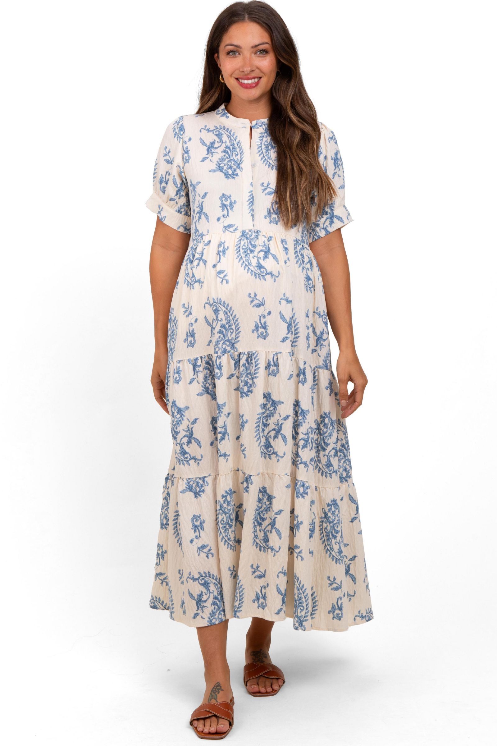 Pinkblush Women's Blue Paisley Button Up Tiered Maxi Dress