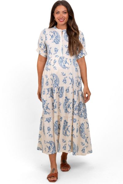Pinkblush Women's Blue Paisley Button Up Tiered Maxi Dress