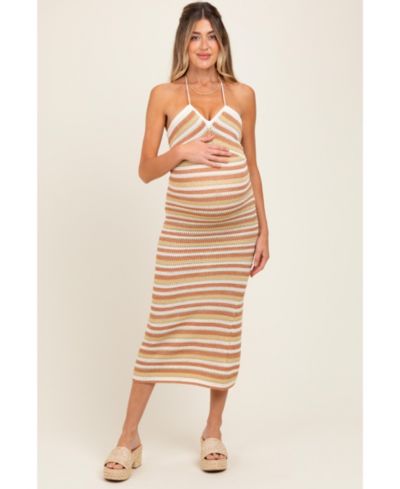 Pinkblush Women's Light Olive Striped Halter Crochet Knit Midi Dress