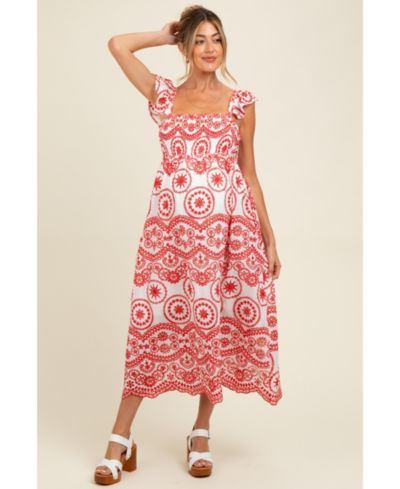 Pinkblush Women's Red Embroidered Smocked Cutout Midi Dress