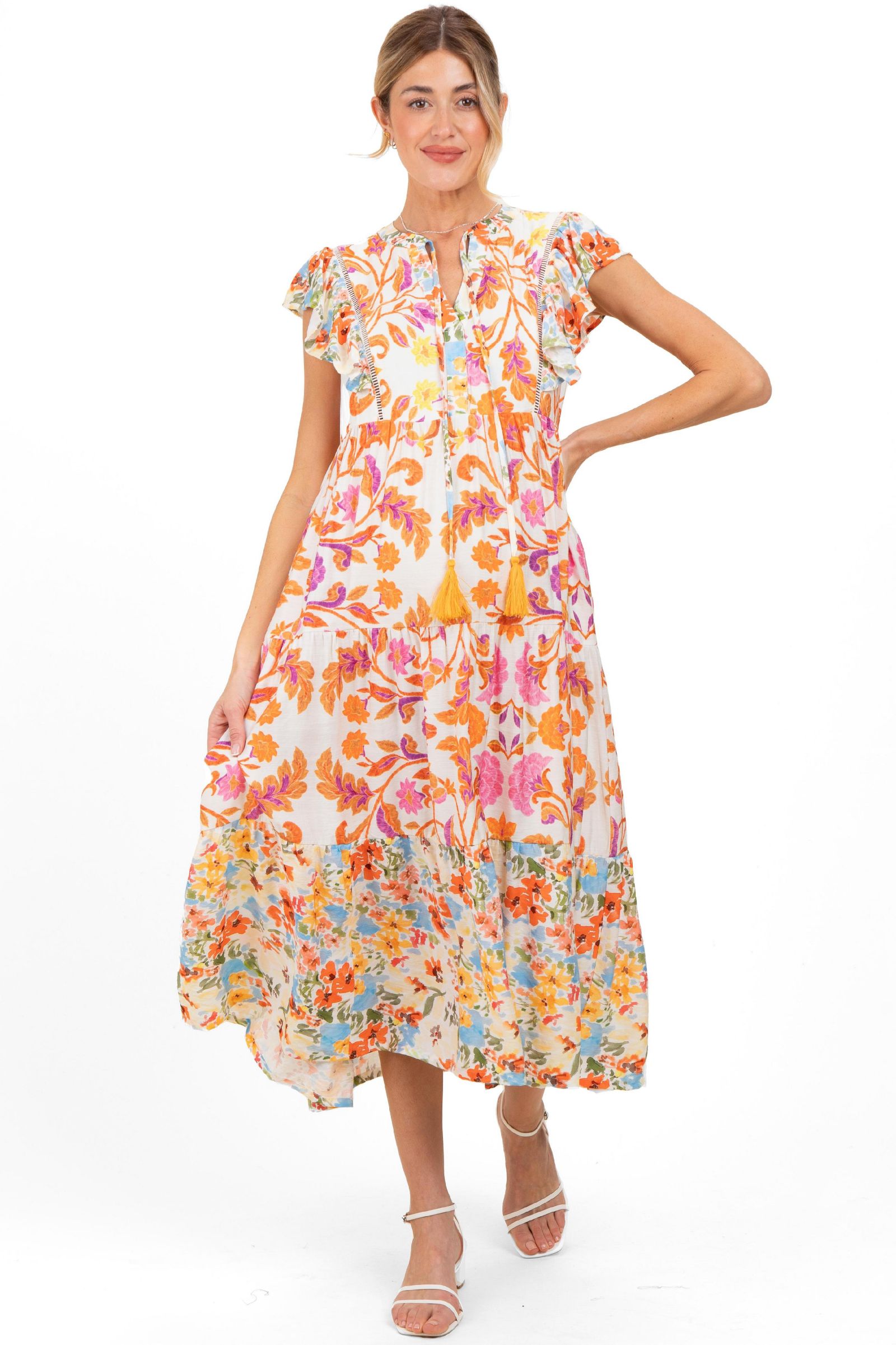 Pinkblush Women's Orange Colorblock Floral Tassel Front Tie Dress
