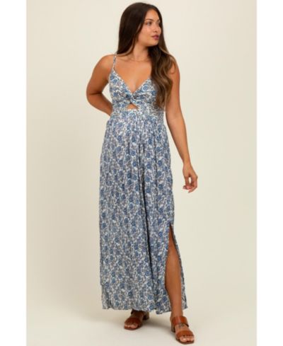 Pinkblush Women's Blue Floral V-Neck Twist Front Keyhole Maxi Dress