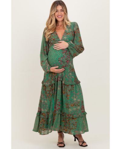 Pinkblush Women's Green Floral Chiffon V-Neck Long Sleeve Maxi Dress
