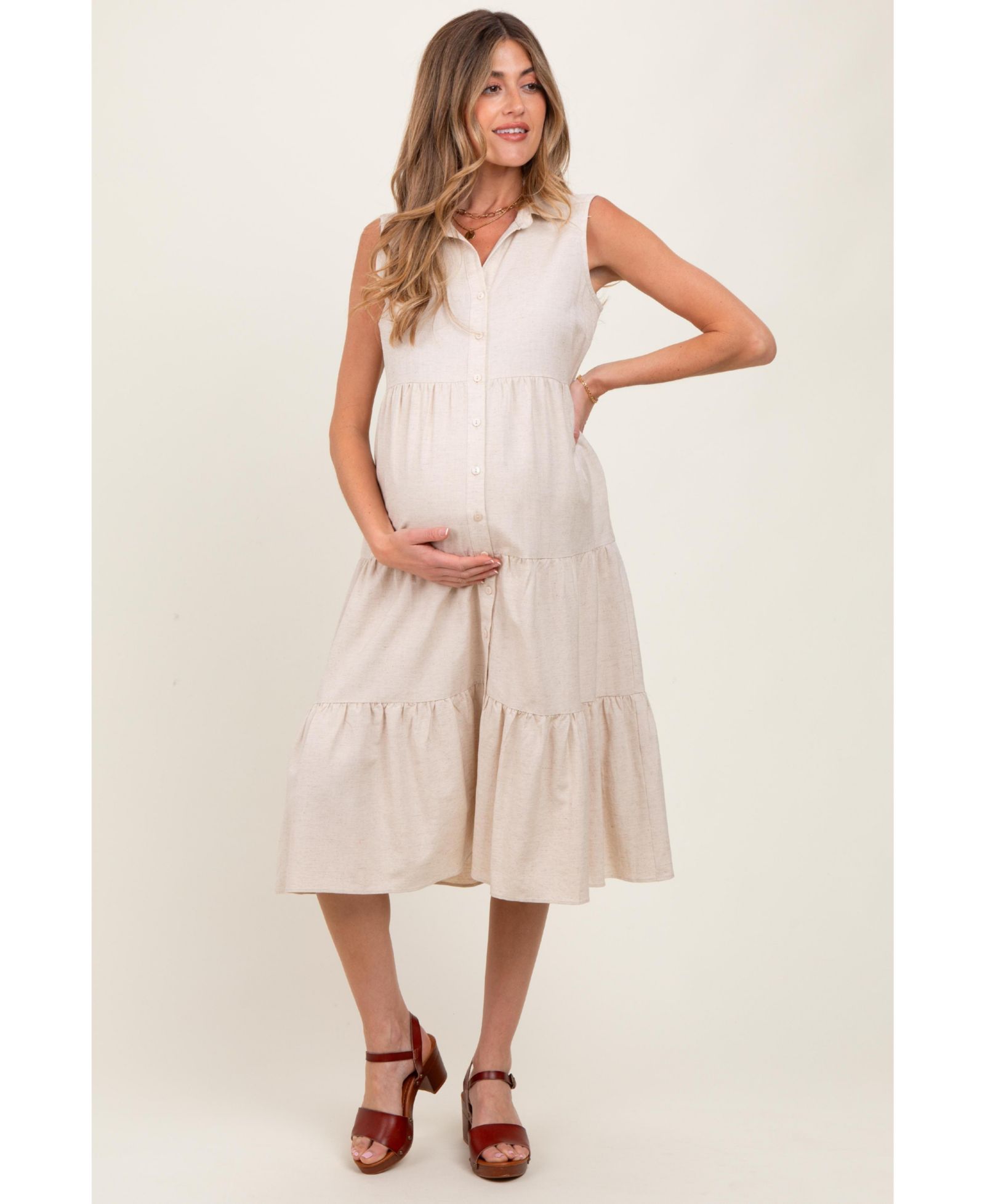 Pinkblush Женский Cream Tiered Sleeveless Midi Shirt Dress