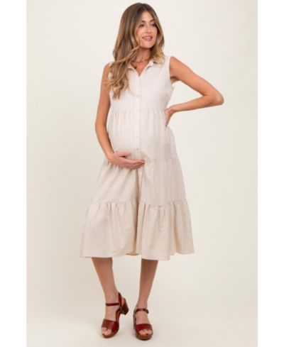 Pinkblush Women's Cream Tiered Sleeveless Midi Shirt Dress