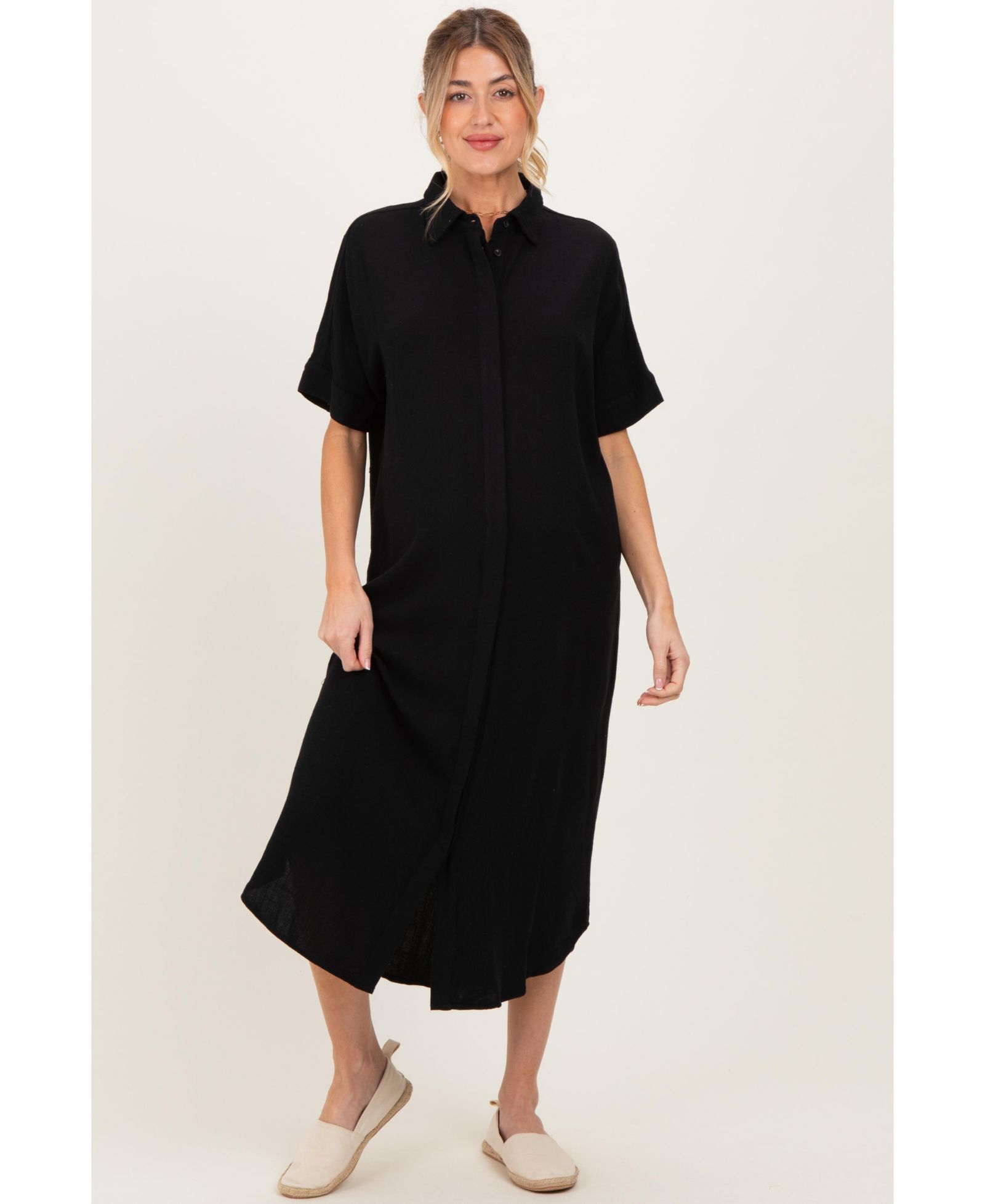 Pinkblush Women's Black Button Down Midi Shirt Dress