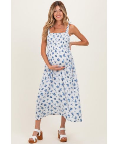 Pinkblush Women's Ivory Smocked Bodice Tie Straps Floral Print Maxi Dress