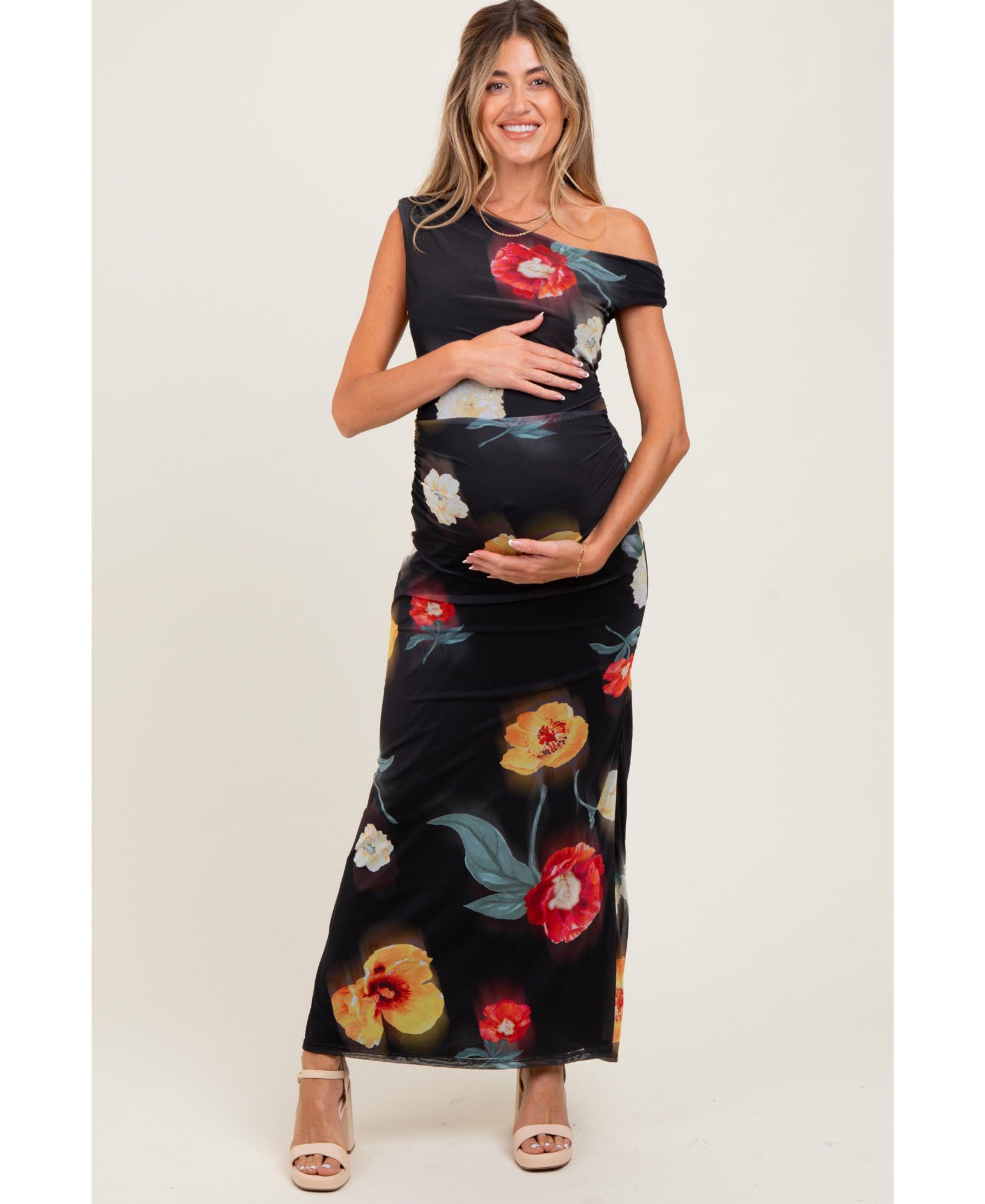 Женское макси-платье Pinkblush Black Mesh Floral One Shoulder