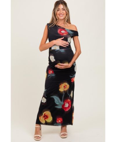 Pinkblush Women's Black Mesh Floral One Shoulder Maxi Dress