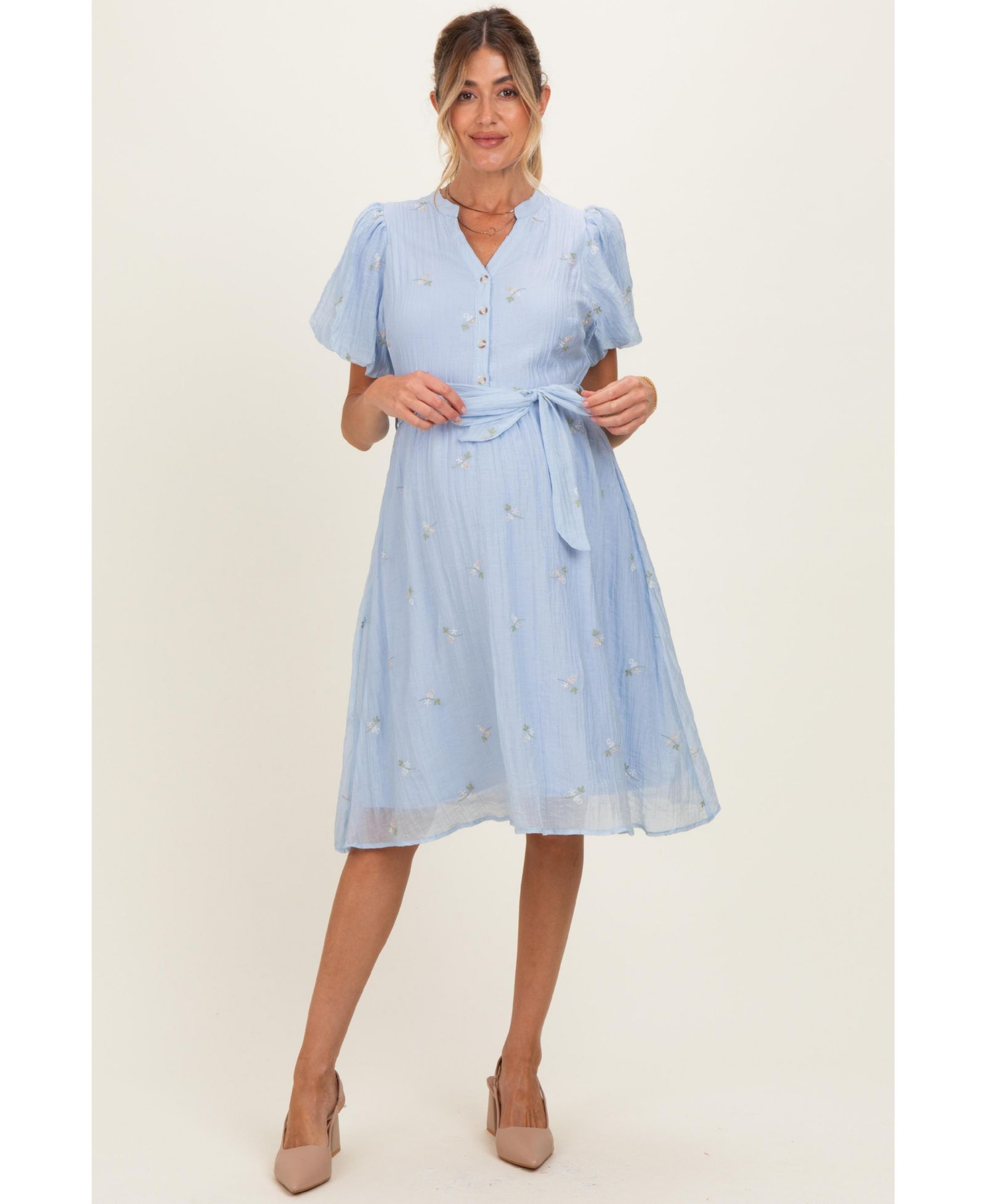 Pinkblush Women's Blue Floral Embroidered Tie Waist Dress