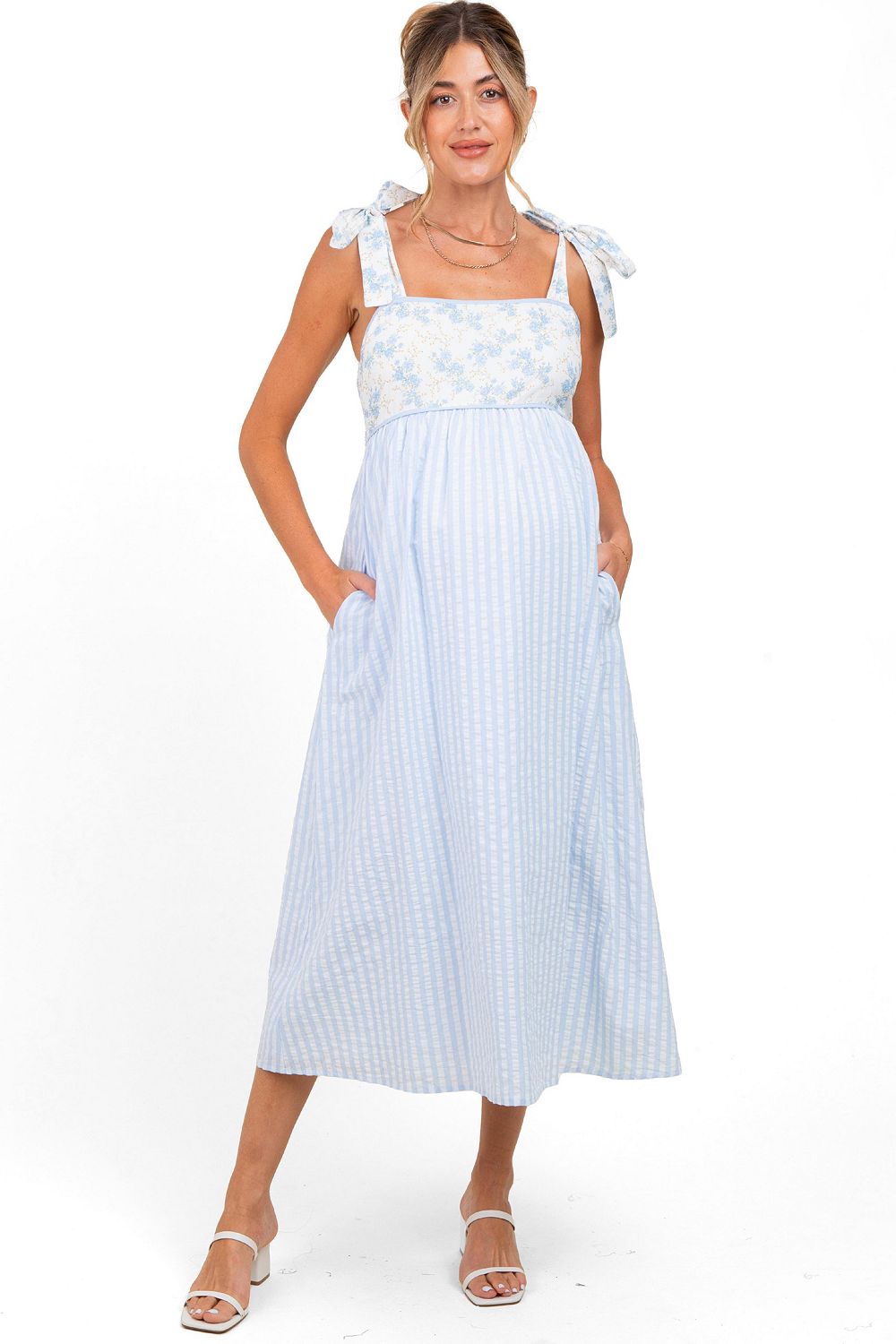 Женское платье Pinkblush Light Blue Floral Contrast Stripe Shoulder Tie Midi