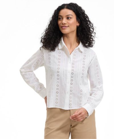 Lands' End Women's Eyelet Cropped Button Front Shirt