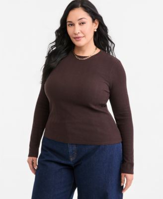 On 34th Plus Size Long-Sleeve Pointelle Cropped Meet & Greet T-Shirt, Macy's Exclusive