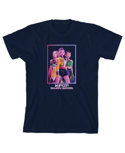 Детская футболка Kpop Demon Hunters Boys Box Art Huntrix Navy Crew Neck