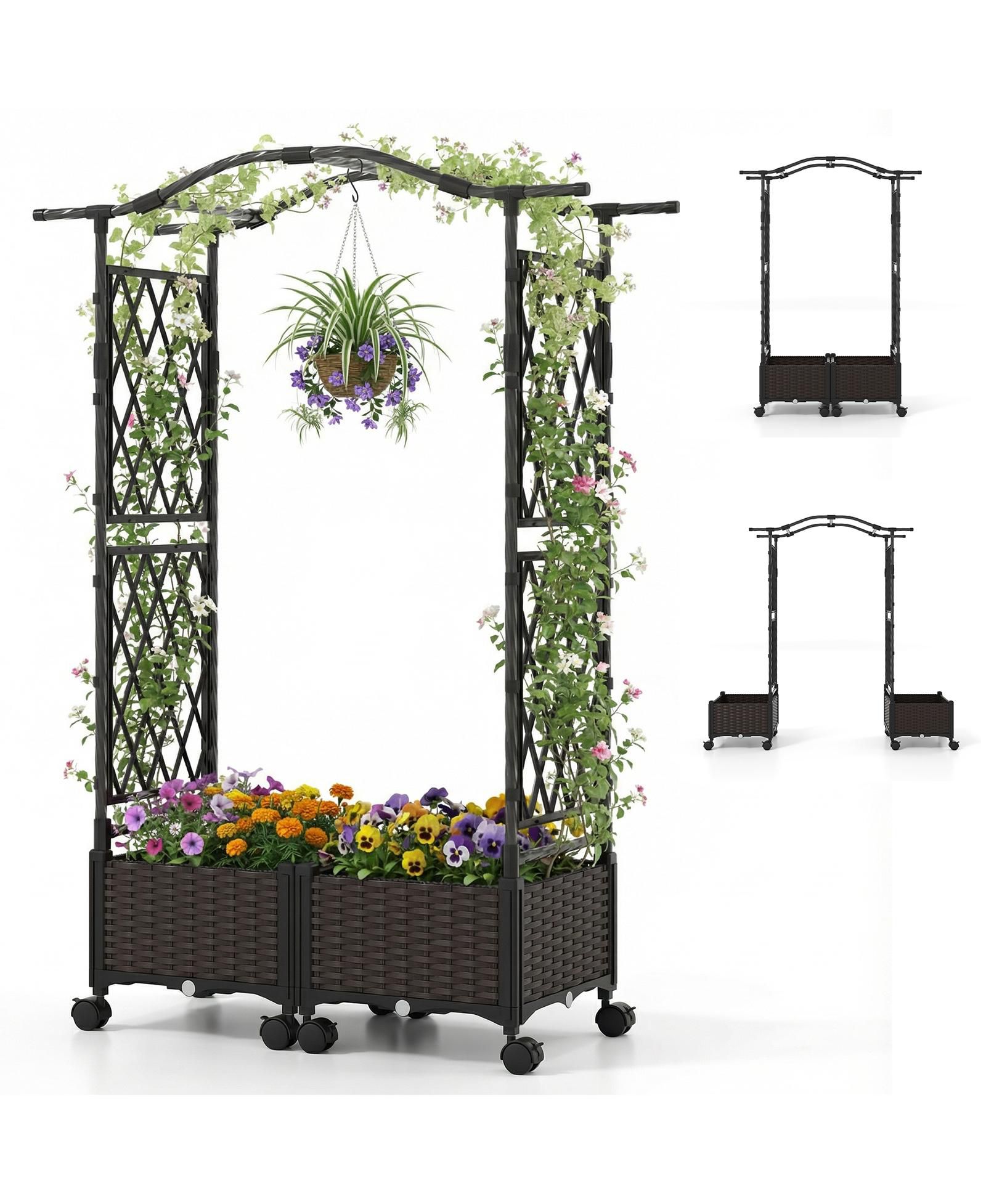 Gymax 5 FT Self-Watering Planter Boxes With Lattice Trellis and Roof Lockable Wheels