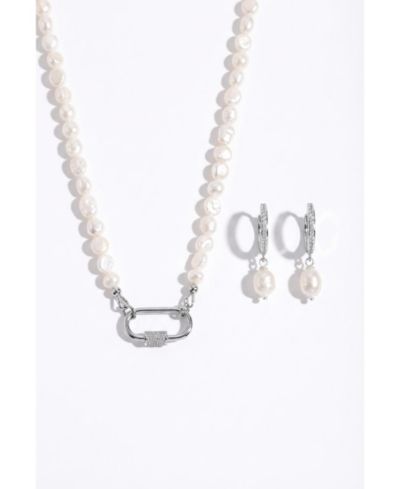 Joey Baby Baroque Pearl Silver-Tone Stainless Steel Necklace And Huggie Earring Set