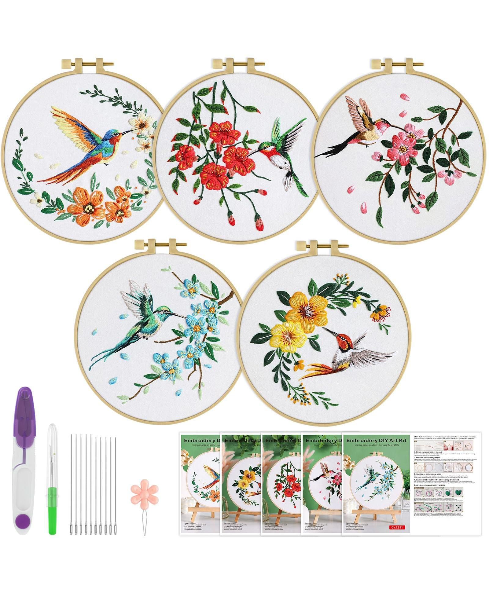 GNUADZ 5 Sets Embroidery Kit Beginners Hummingbird Flower Cross Stitch Hoops Threads Craft Hand Techniques