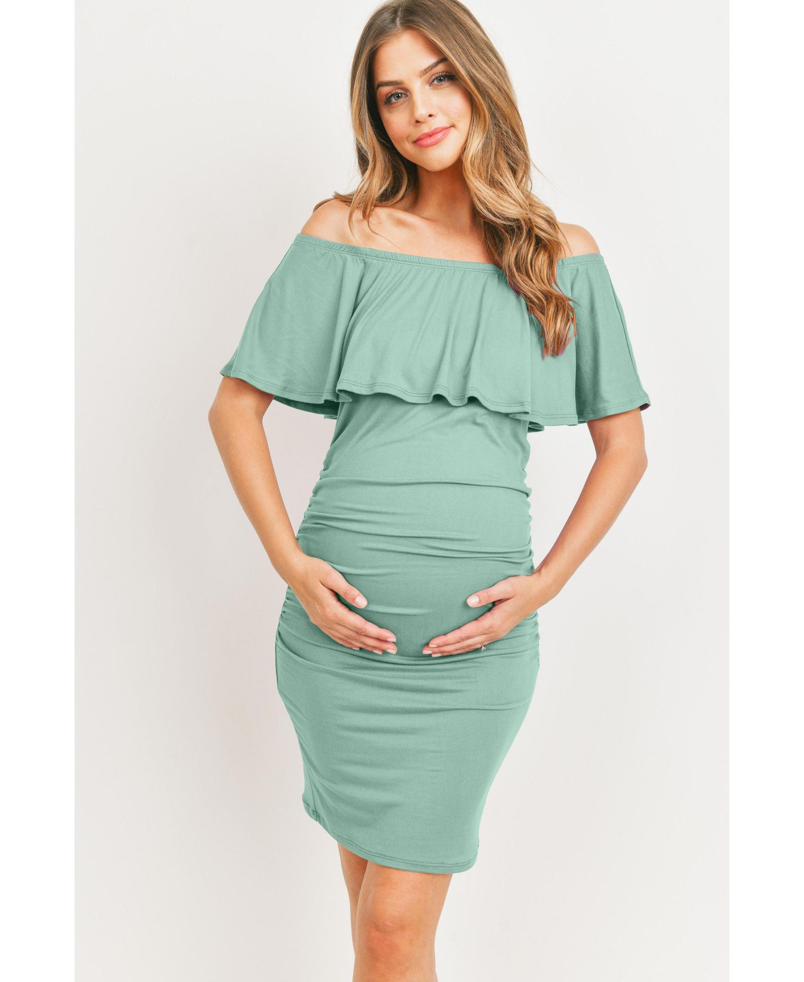 Hello Miz платье миди с открытыми плечами Ruffle Bodycon для беременных